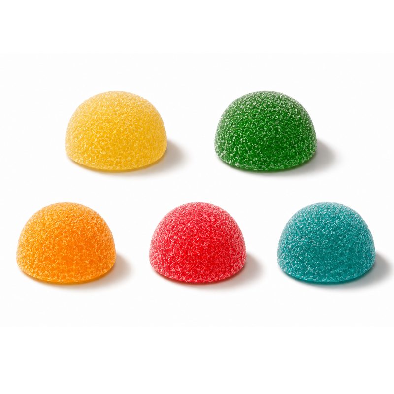 Five hemp gummies, one of each flavor: pineapple, apple, peach, watermelon and blue raspberry